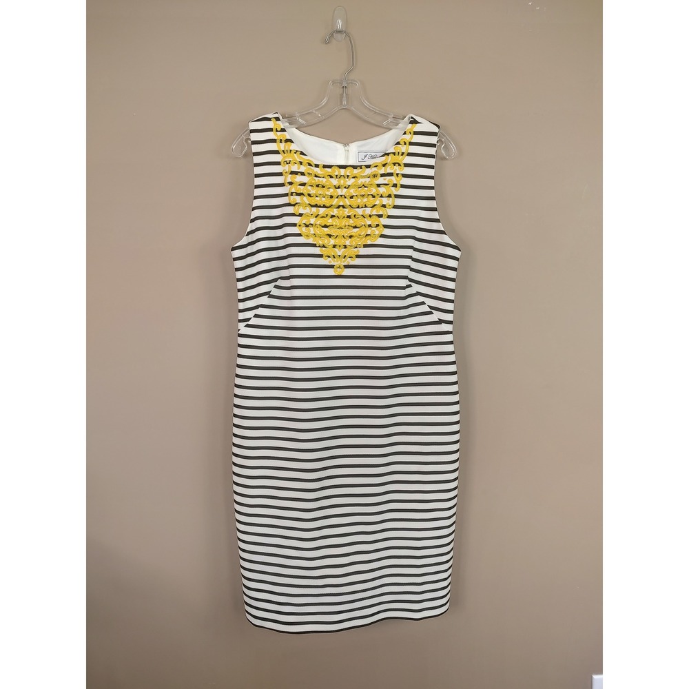 J Howard‎ Striped Sheath Dress Yellow Embroidery Black White Pique Sleeveless 12
